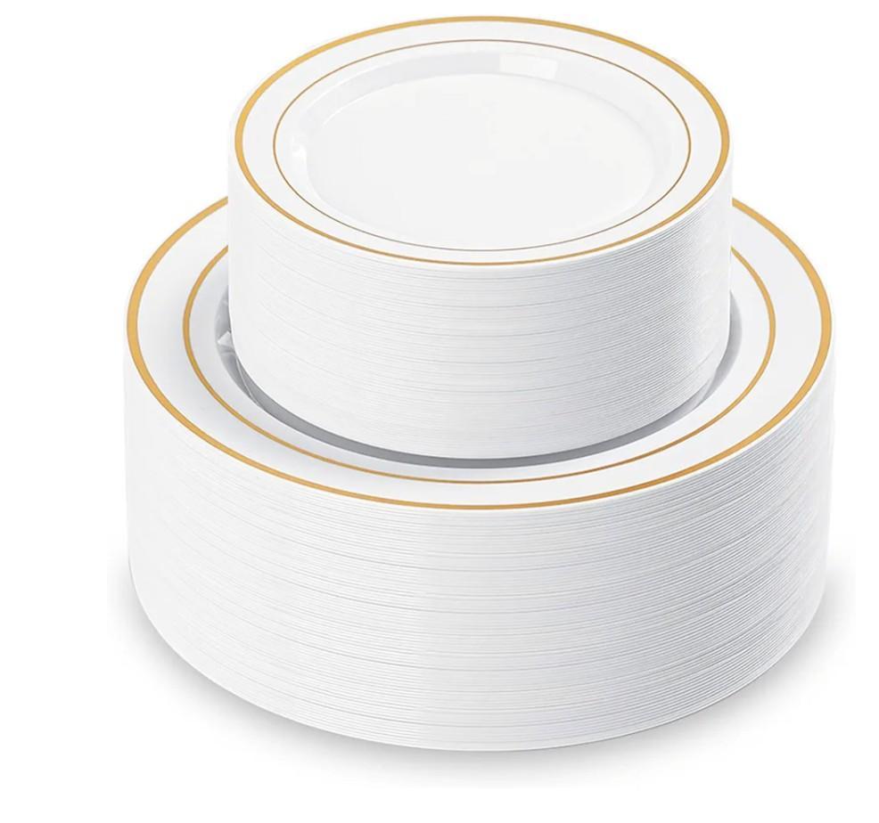 200PCS White Plastic Plates with Gold Rim, Disposable Heavy Duty Plastic Plate, 100 Dinner and 100 Dessert Plates for Party and Wedding