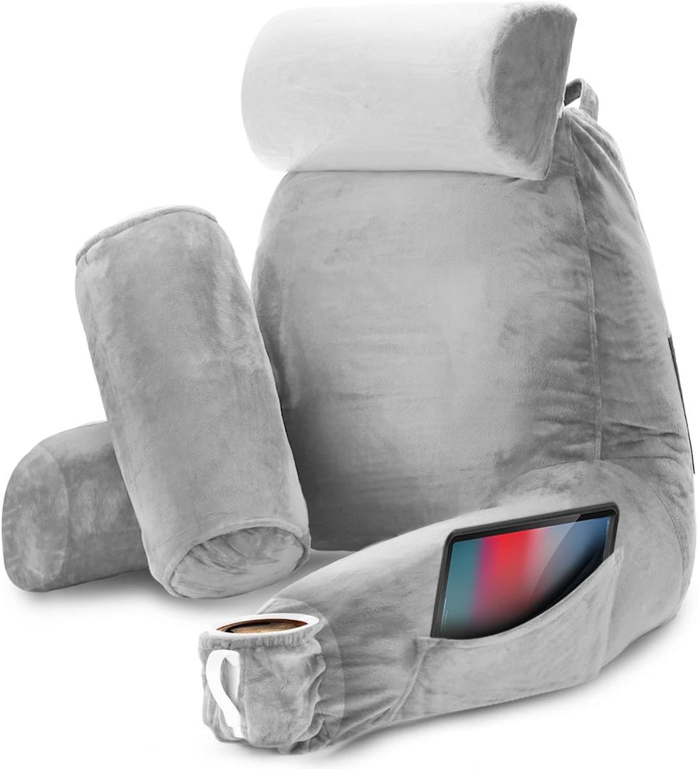 Nestl Reading Pillow with Shredded Memory Foam Includes 2 Neck and Lumber Support Pillows, Designed for Sitting Up in Bed and Couch, Back and Arms Adjustable Support for Adult & Teens, Light Grey, Large 22"