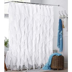 REISEN White Ruffle Shower Curtain Fabric/Cloth Farmhouse Bathroom Sheer Shower Curtain, 72in Long