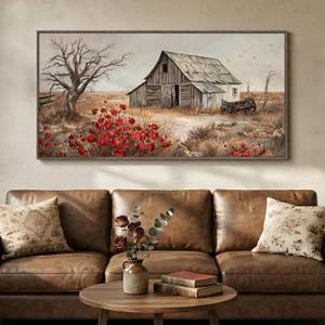 Large Framed Farmhouse Vintage Landscape Wall Art for Living Room, 60x30 In