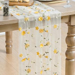 Artoid Mode Yellow 3D Flower Gauze Embroidery Table Runner 120 Inch 10FT, Tulle Seasonal Spring Kitchen Dining Holiday Table Decor for Home Party