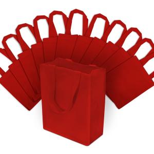 ZENPAC Red Gift Bags, Reusable Fabric Tote Bags Small with Handles, Red Christmas Bags for Holidays, Shopping, Retail, Grocery Use, Small Business, Bulk, 8x4x10, 12 Pack