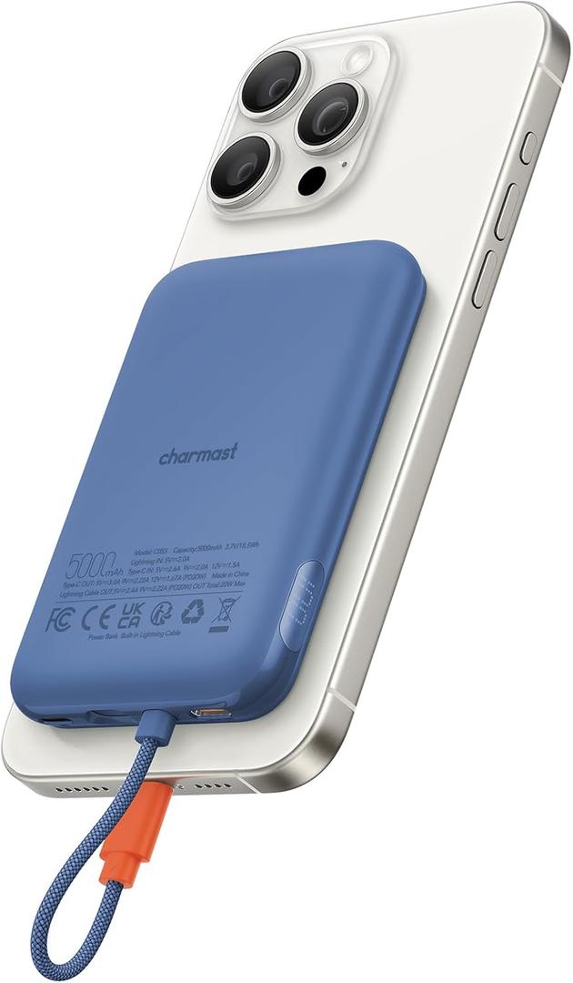 Charmast Slim Portable Charger, 5000mAh Fast Charging Power Bank Built in for iPhone Cable, Digital Display Battery Pack Compatible with iPhone 14/14 Pro Max/13/13 Pro Max/12/11/XR/X (No-Wireless) (Blue)