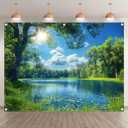 Fabric 8x6ft Lake Natural Scenery Backdrop River Forest Tree Blue Sky Bokeh Background Picnic Camping Hiking Spring Outdoor Party Decorations Photoshoot Banner Props