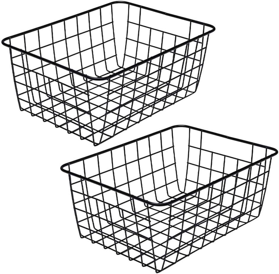 LeleCAT Black Wire Storage Baskets, Metal Household Storage Organizer for Kitchen Pantry, Shelf, Freezer, Bathroom Black 2 Pack