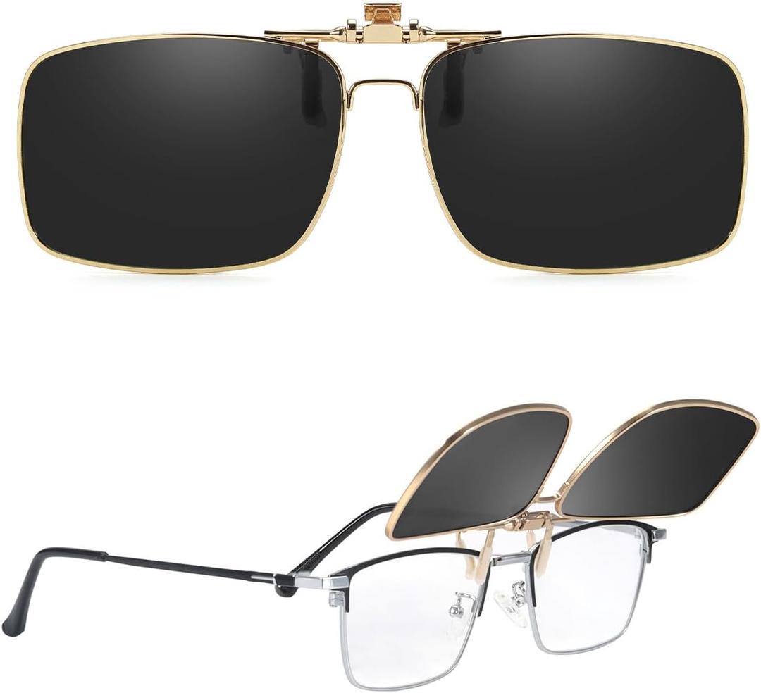Myiaur Clip on Sunglasses Wear Over Glasses for Men Women Polarized Flip Up Glasses UV400 Protection Metal Frame (A03 Gold Grey)