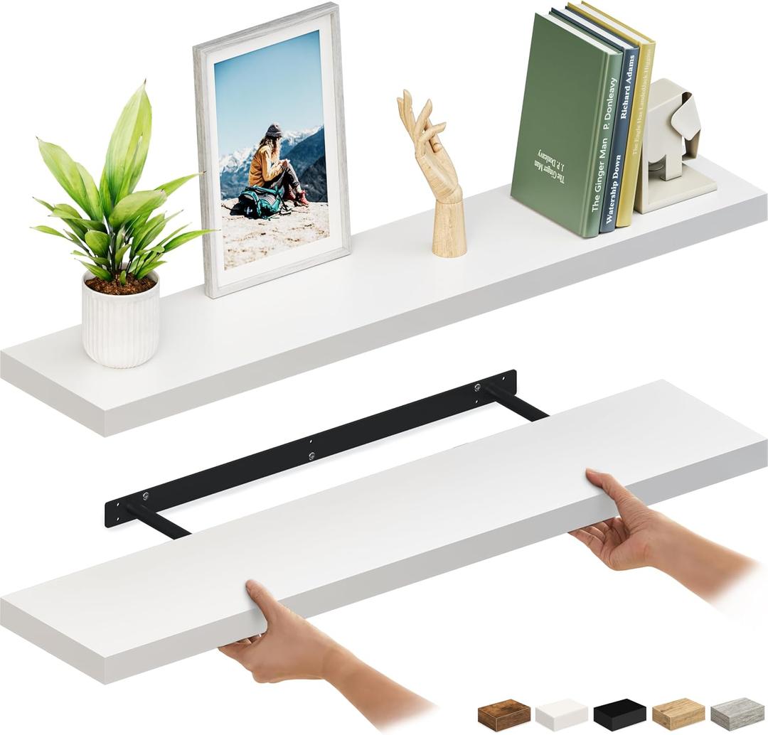 Ballucci Floating Shelves for Wall, 48" Wood Wall Shelf Set of 2, with Invisible Brackets for Bathroom, Living Room, Bedroom, Kitchen, Nursery, 8" Deep, White