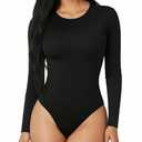MANGOPOP Round Neck Long Sleeve Bodysuits for Women Basic Body Suit Shirts Tops Black L