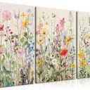 KISSFOX Framed Colorful Wildflower Canvas Wall Art Set Of 3 Flowers Pictures Prints Flowers Printing Floral Watercolors Flower wall Decor Living Room Girls Bedroom Bathroom (12"x16" Canvas)