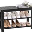 Apicizon Bamboo Shoe Rack for Entryway, 3-Tier Shoe Rack Bench for Front Door Entrance, Small Shoe Organizer with Storage, Black (27.6 Inches No Cushion)