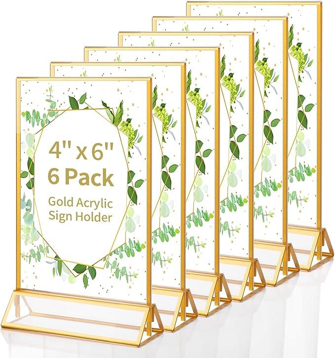 Gold Acrylic Sign Holder 4X6 inch, 6 Pack Wedding Table Number Frames Vertical , Double Sided Display Gold Picture Frame, Clear Menu Holders for Wedding Reception, Party Decoration