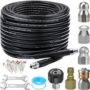 Sewer Jetter Kit for Pressure Washer 100FT, 5800PSI Drain Cleaner Hose 1/4 Inch NPT Corner, Rotating and Button Hose Sewer Jetting Nozzle Pearl Corsage Pin Waterproof Tape with 2 Spanner