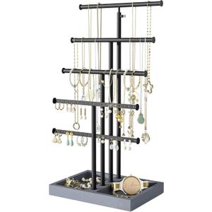 Love-KANKEI Jewelry Organizer Stand, 5 Tier Large Necklace Holder with Wood Base, Jewelry holder stand Tree for Display, Bracelets Earrings Rings, Height Adjustable Gift Weathered Grey