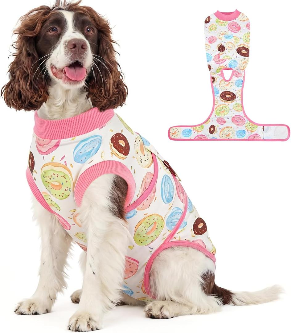 Kuoser Dog Surgery Recovery Suit, Soft Breathable Dog Recovery Suit for Female Spay Male Nueuter, Anti Licking Puppy Onesie Pet Surgical Suit for Dogs Abdominal Wounds Skin Disease, Donut M