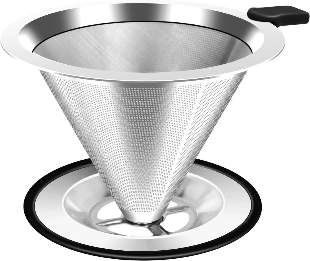 Pour Over Coffee Dripper, Stainless Steel Coffee Filter, Paperless Reusable Coffee Filter, Double Micromesh 600 Mesh Strainer Coffee Maker with Heat-Resistant Silicone Handle & Base