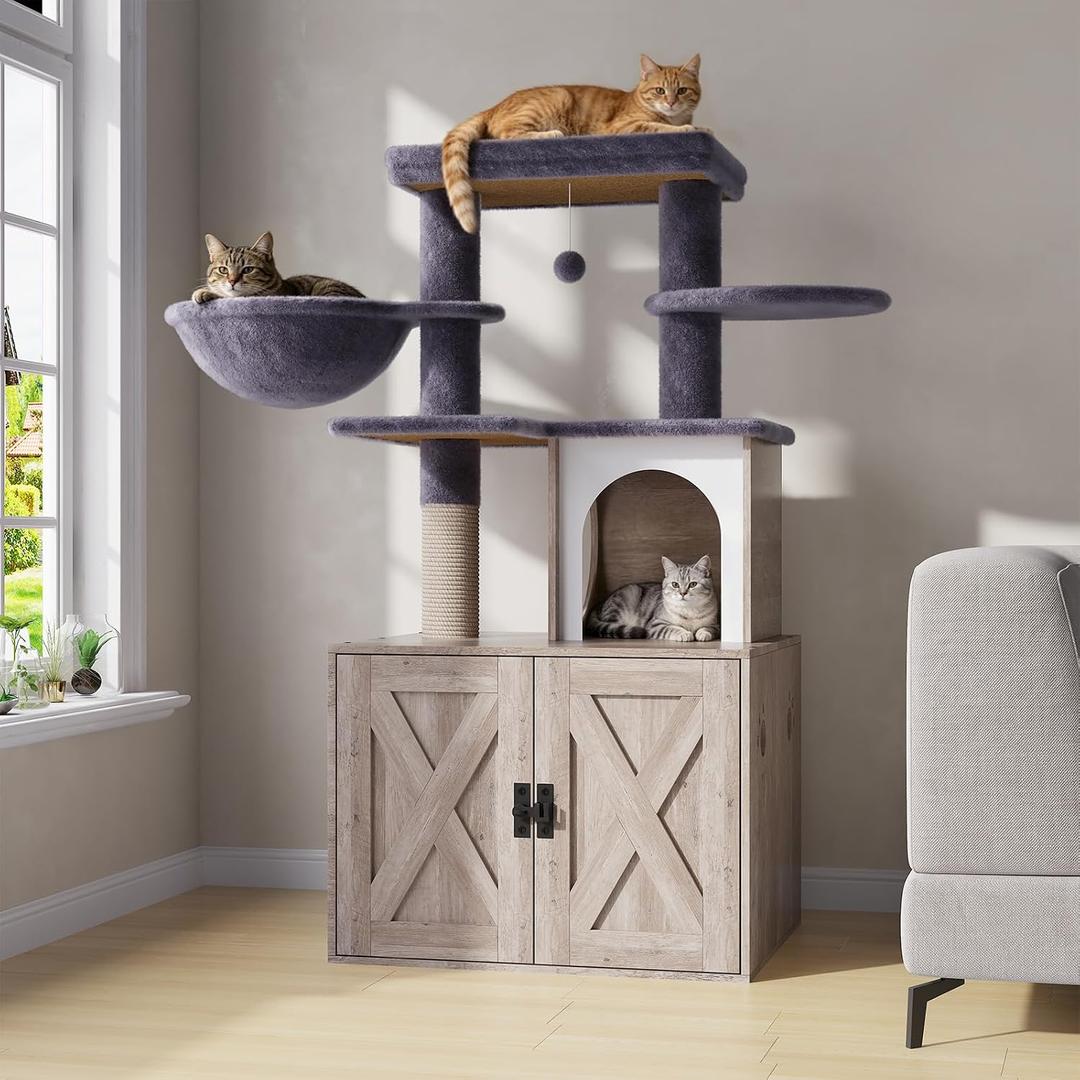 Cat Tree with Litter Box Enclosure, Hidden Litter Box Furniture with Cat Tower, Cat Tree with with Sisal Scratching Post,Hammocks,Condo,Multiple Platform,Soft Plush Perch, Grey