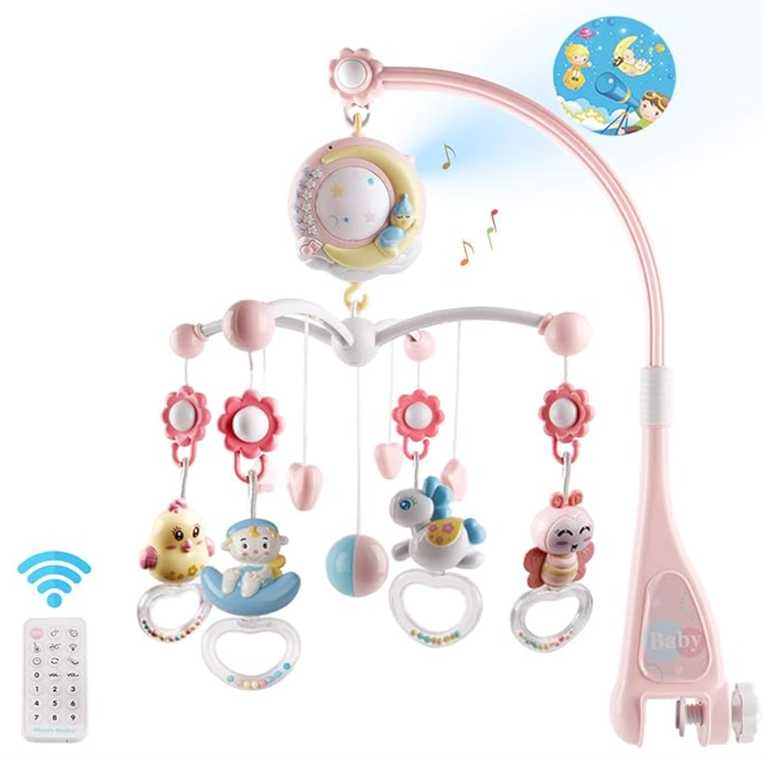 Baby Musical Crib Mobile with Timing Function Projector and Lights,Hanging Rotating Rattles and Remote Control Music Box with 150 Melodies,Crib Toy for Newborn 024 Months