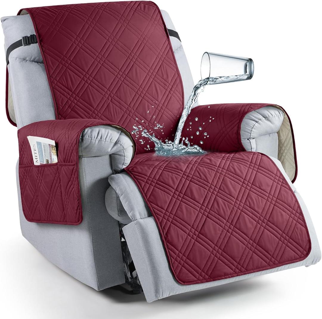 TAOCOCO 100% Waterproof Recliner Chair Covers, Non Slip Recliner Covers for Recliner Chair with Pocket, Washable Reclining Chair Cover Furniture Protector for Kids,Dogs(22'', Wine)