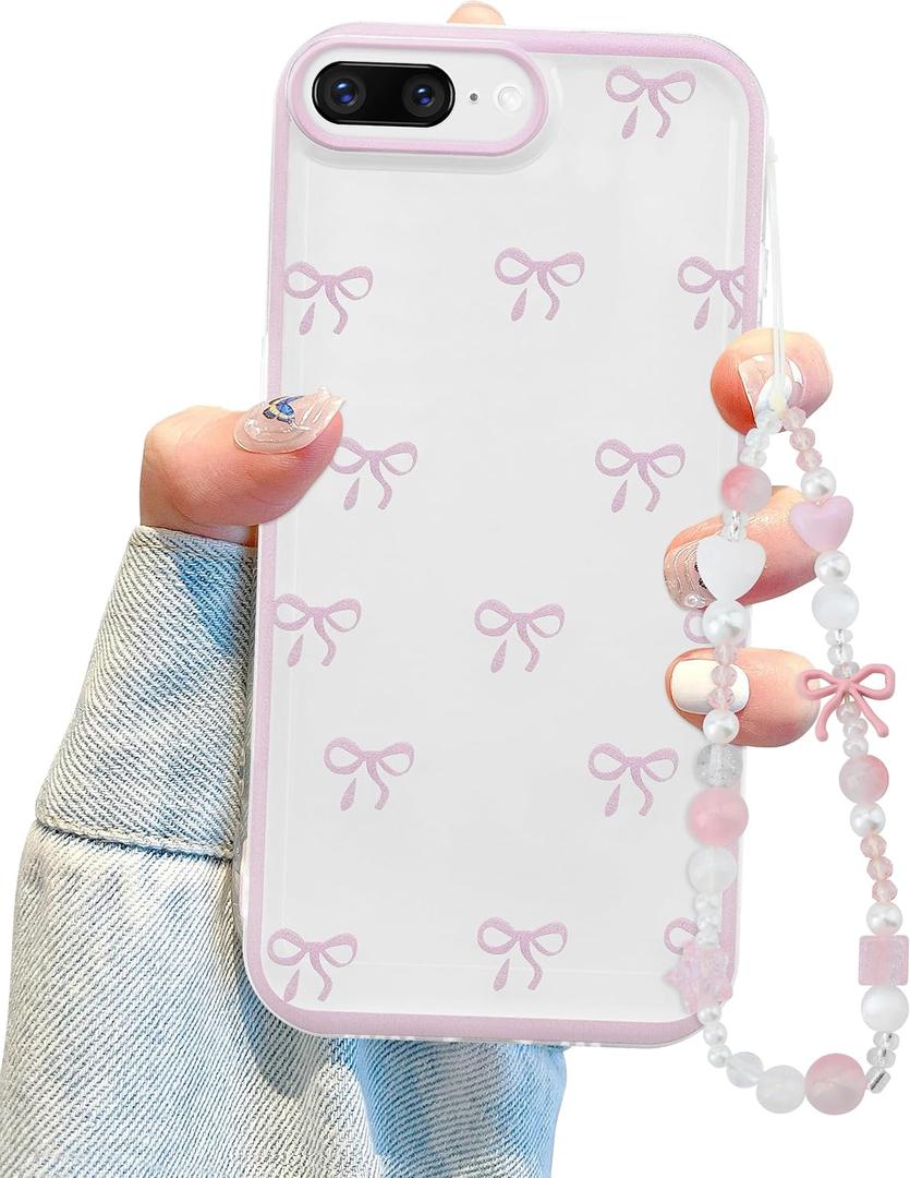 Jusy Compatible with iPhone 7 Plus/8 Plus Case, Cute Clear Ribbon Bowknot Pattern Aesthetic Soft TPU Transparent Cases Protective Phone Cover for Women Girly with Bracelet Chain - Pink