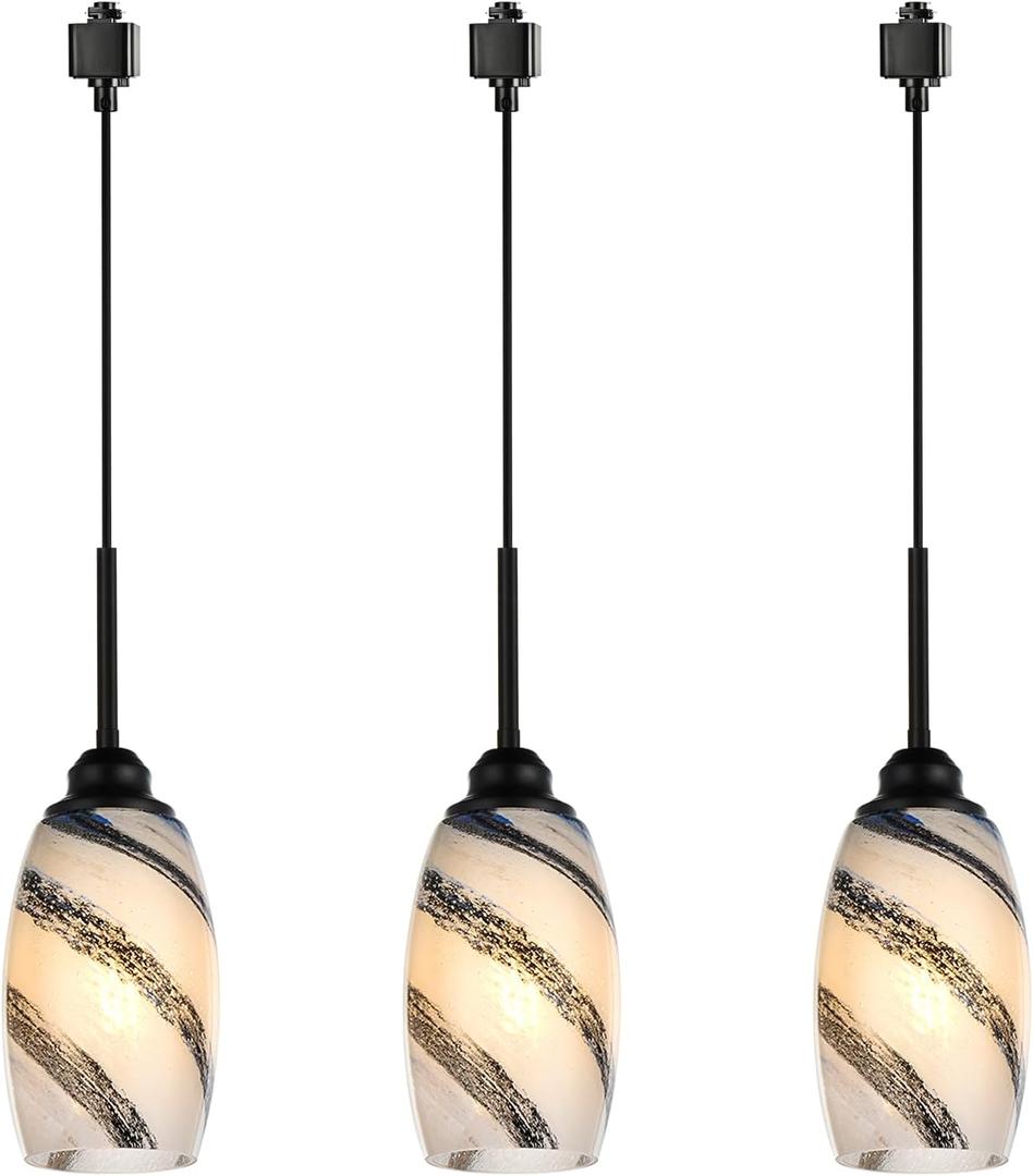 3-Pack H-Type Track Lighting Pendant, Marble Glass Track Lighting Fixtures with H Type Track Lighting Rail, Ceiling Track Hanging Pendant Lights for Dining Room Kitchen Island Living Room