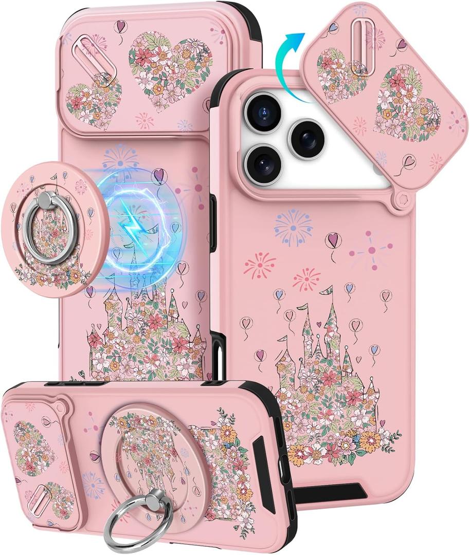 Buleens for iPhone 17 Pro Case 6.3 Inch - with Ring Stand & Camera Cover Aesthetic Cute Designed for Women Girls Girly Kawaii Cartoon Castle Flower Phone Case for iPhone 17 Pro Compatible with Magsafe