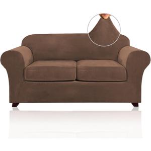 PrinceDeco Velvet Couch Cover Loveseat Covers for 2 Cushion Couch 3 Piece Sofa Covers for Dogs Washable Loveseat Covers Width Up to 72 Inch No Slip Stretch Sofa Slipcover(Medium, Caramel)