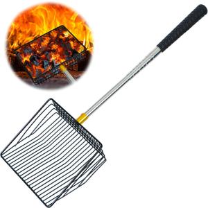 Hollow Out Fireplace Shovel Black Metal Coal Shovel Fireplace Ash Sifter Scalable Stainless Steel Handle with Silicone Protector to Prevent Burns, Fireplace Tools for Woodstove to Separate Coals