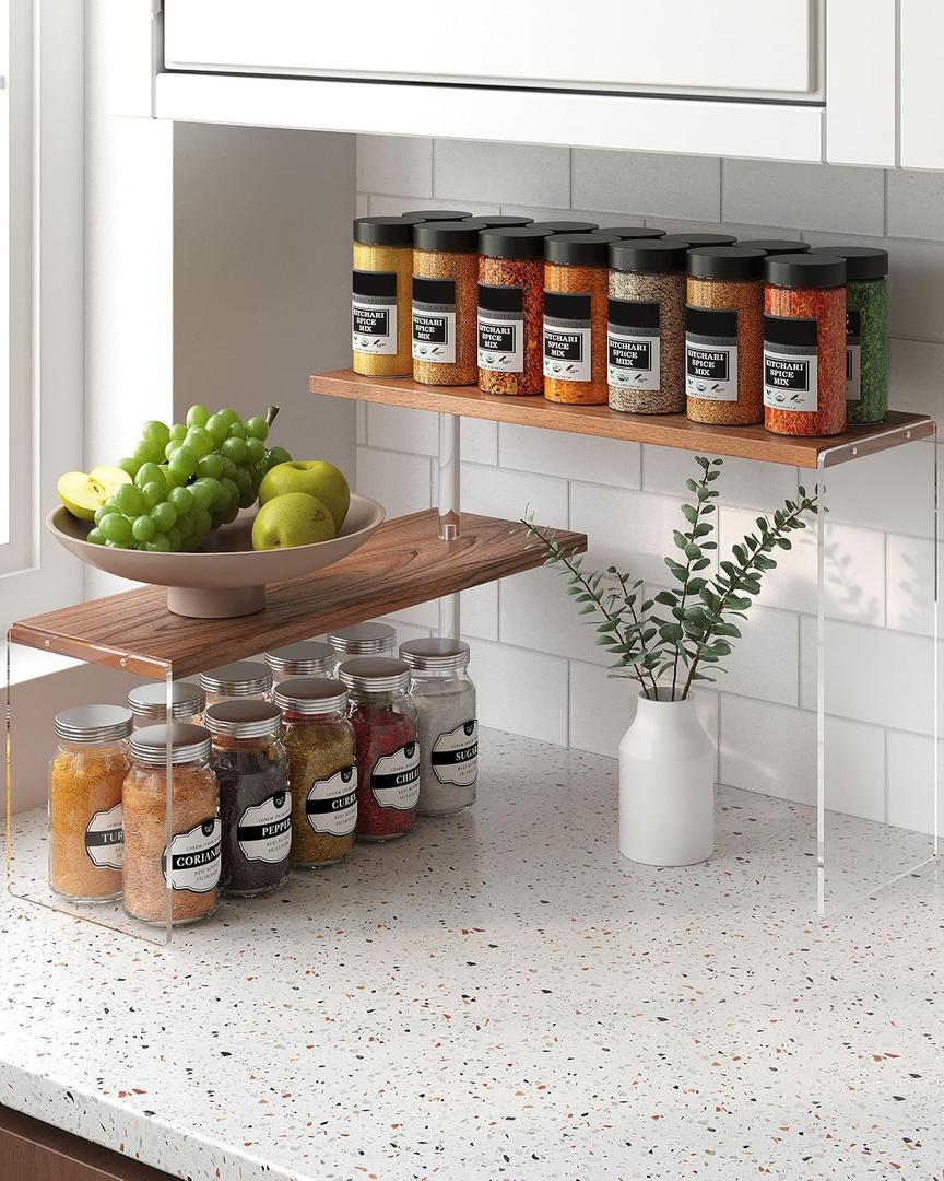 2 Tier Space-saving Retro Wooden-colored Kitchen Countertop Organizer, Corner Counter Shelf for Kitchen Storage，Spice Rack Cabinet Stackable Organization for Bathroom Office Bedroom