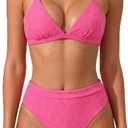 SUUKSESS Women Sexy Cheeky Triangle Bikini Sets Textured High Cut 2 Piece Bathing Suit Crisscross Back Tie Swimsuits V Neck High Waisted Swimwear（Hot Pink, L)
