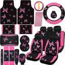 BBTO 47 Pcs Butterfly Car Seat Full Set Butterfly Car Accessories for Women 5 Front Rear Seat Covers Wrist Strap 2 Pieces Cup Mat Armrest Pad 2 Belt Cover Accessories for SUV(Pink Black)