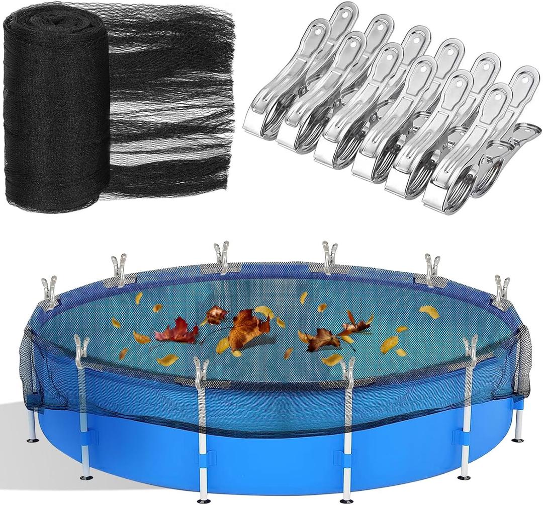 20 Feet Round Leaf Net Cover for Above Ground Pool, Winter Cover Mesh Cover with 12 Pcs Large Metal ClipsPool Safety Net Fits 18FT Above Ground Pools, Keeps Leaves Out of Your Pool