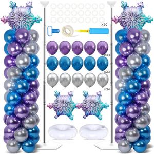 2 Sets Snow Party Balloon Column Stand Kit with 102 Balloons Winter Wonderland 5.57ft Adjustable Balloon Tower Stand with Bases Snowflake Balloons Arch Column for Girl Princess Birthday Party Supplies