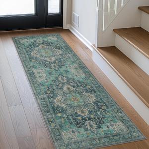GENIMO 2x5 Runner Rugs for Hallway, Machine Washable Non Slip Vintage Rugs, Low Pile Lightweight Soft Print Rug for enrtyway, Corridor, Home Office, Kitchen, Dark Green