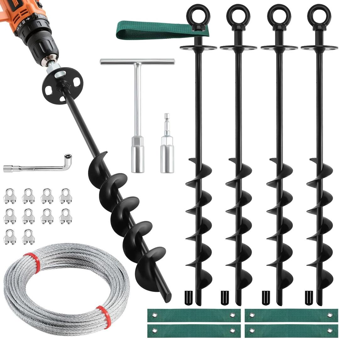 18'' Ground Anchors Screw in Heavy Duty, Shed Anchor Kit with Straps & Steel Cable & Tools, Earth Anchors for Mobile Home, Carports, Swing Set, Tree, Trampoline - Secure Against High Winds(4)