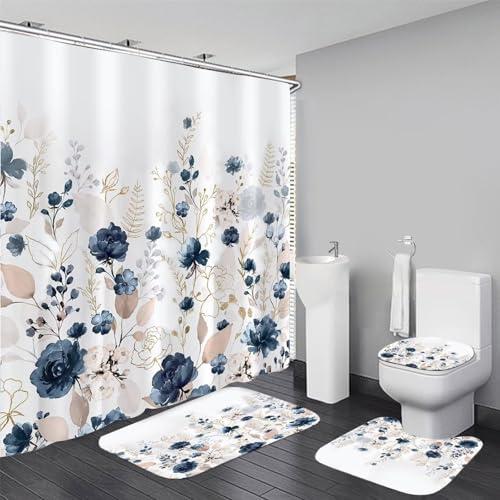 DDQQ Navy Blue Floral Shower Curtain Sets with Rugs 4 Piece Gold Flowers Leaves Bathroom Decor Set with Non-Slip Rugs Toilet Lid Cover and Bath Mat, Home Bathroom Shower Curtain Set with 12 Hooks