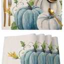 White Blue Pumpkin Floral Placemats Set of 6, Thanksgiving Cotton Linen Heat-Resistant Washable Table Mats Placemat for Holiday/Dining/Indoor/Outdoor/Party Table Decoration,