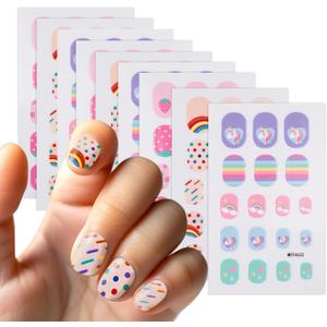 9 Sheets Self-Adhesive Colorful Nail Stickers, for Fun Nail Art Decoration, Sun Designs, Flower, Rainbow, Strawberry, Cat, Heart, Rabbit