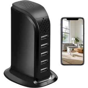 HD 1080P Video Camera WiFi USB Charger for Securtiy, Mini Camera Indoor Loop Filming Motion Detection Remote View, Video-only Surveillance Nanny Cam Pet House Office, 5Port Hub, No Audio