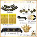Black and Gold Birthday Decorations for Men Women, Black and Gold Party Decorations Include Crown Hanging Swirls Sach Tablecloth Cake Toppers Banner for Gold and Black Birthday Decorations for Dad