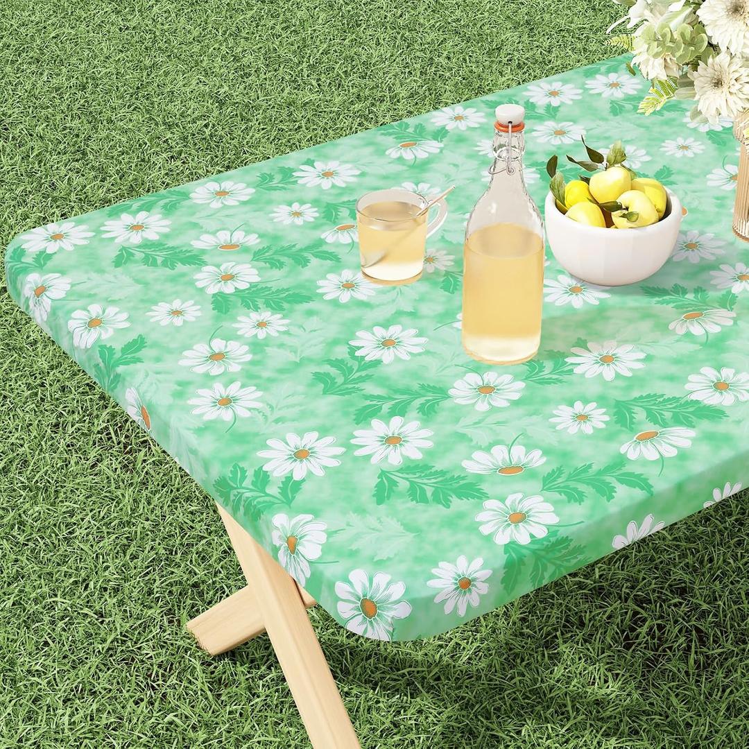 misaya Rectangle Vinyl Tablecloth, Fitted Table Cover, 100% Waterproof, Elastic Edge, Plastic Table Cloth Fit 5 Foot Folding Tables for Camping, Picnic, Outdoor (Green Daisy, 30x60 inch)