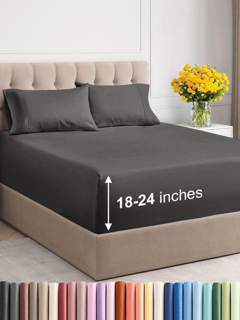Extra Deep Pocket Queen Sheets - 6 Piece Breathable & Cooling Bed Sheets - Hotel Luxury Bed Sheet Set - Soft, Wrinkle Free & Comfy - Easily Fits Extra Deep Mattresses - Deep Pocket Charcoal Sheets Set