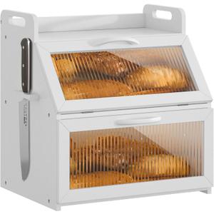 Bread Box, Bread Box for Kitchen Countertop, Large Bread Storage Container for Homemade Bread, Wooden Farmhouse Breadbox Organizers, Double Layer Bread Bin with Acrylic Window Bread Holder,White