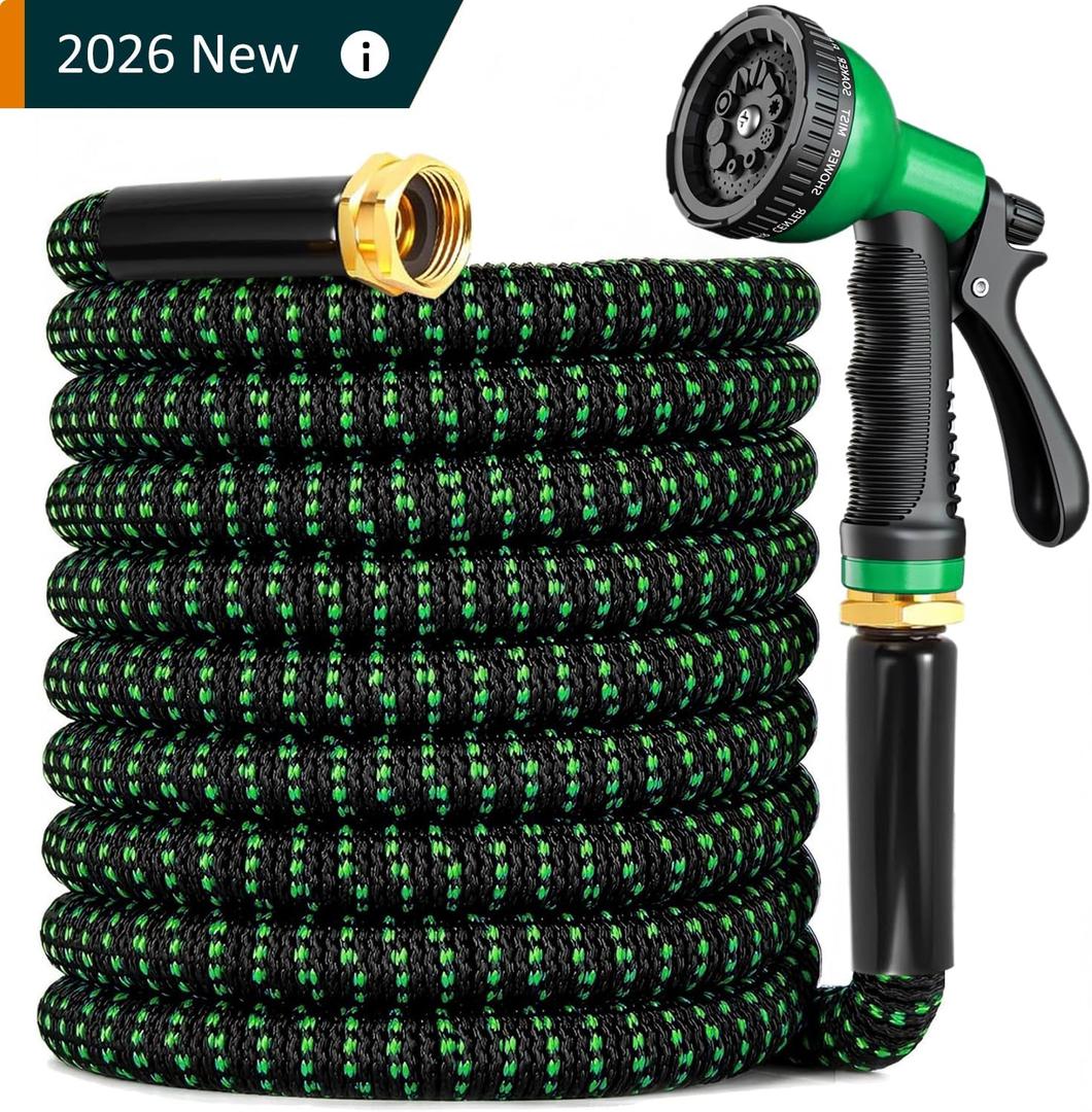 Garden Hose 100 ft, 2026 No Kink Expandable Water Hose 100ft with 10 Function Nozzle, Solid Metal Fittings, Durable Outer Fabric, Lightweight, Flexible, Leak-proof, Stretchy for Watering, Car Washing