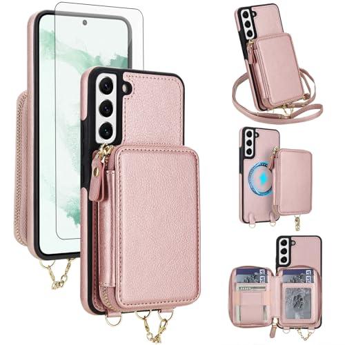 Phone Case for Samsung Galaxy S22 5G Wallet Zipper Handbag Cover and Screen Protector Crossbody Lanyard Strap 2-in-1 Magnetic Detachable Compatible with MagSafe RFID Blocking Flip S 22 Rose Gold