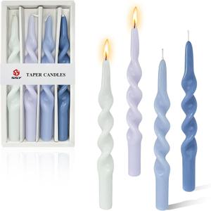 Gradient Blue Spiral Taper Candles 4 Pcs, 10 inch Long Twisted Candle Sticks Pastel Twirl Candlesticks Unscented Candle Home Decor for Tablespace Holiday Wedding Party