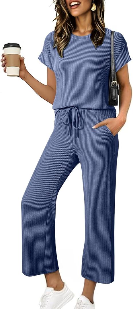 SHEWIN Women Casual Two Piece Sets Ribbed Knit Outfits Airport Pant Clothes 2026, L