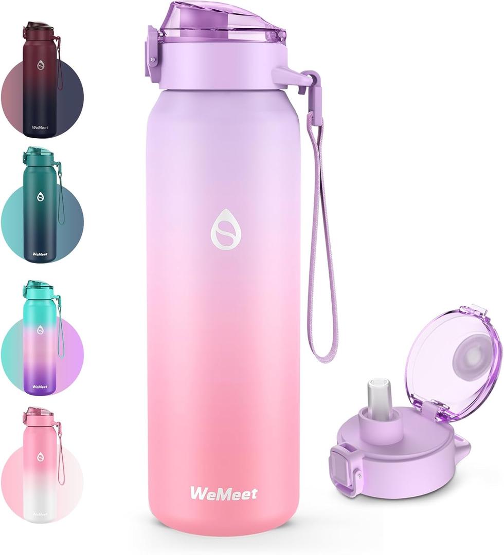 32oz Water Bottle with Removable Straw and Spout Lid Two Ways to Drink, 18/10 Stainless Steel Insulated Water Bottle, BPA-Free, Leak Proof, Double wall, for Sports, Gym (33.8 Ounces, PURPLE PINK)