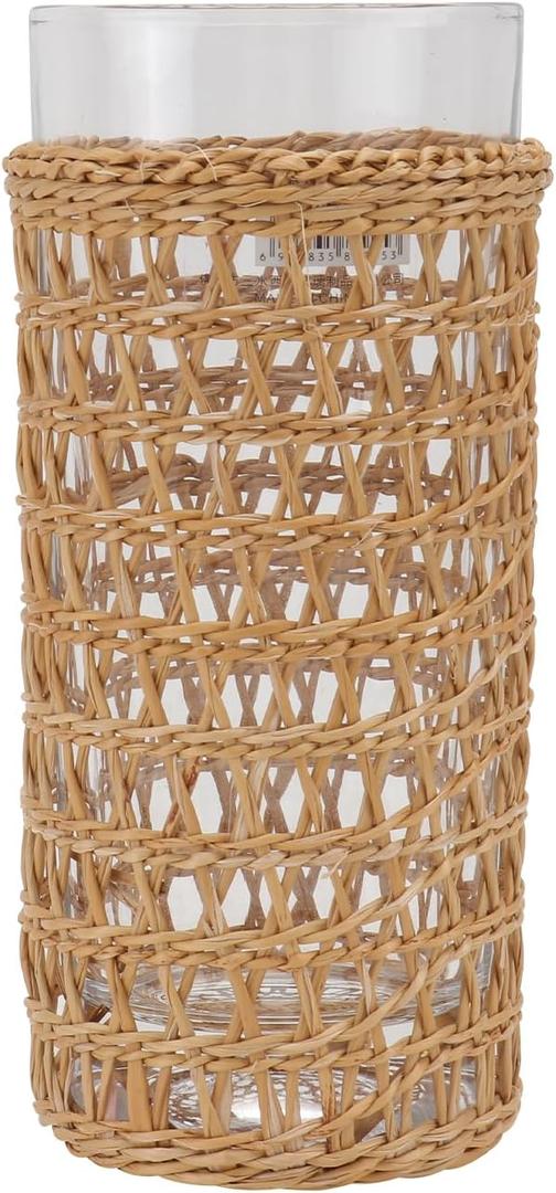 DOITOOL Straw Cup Sleeve Glass Cup Ornament with Woven Cover 4.7 Inch Rattan Wrapped Glass for Home Kitchen Dining Use