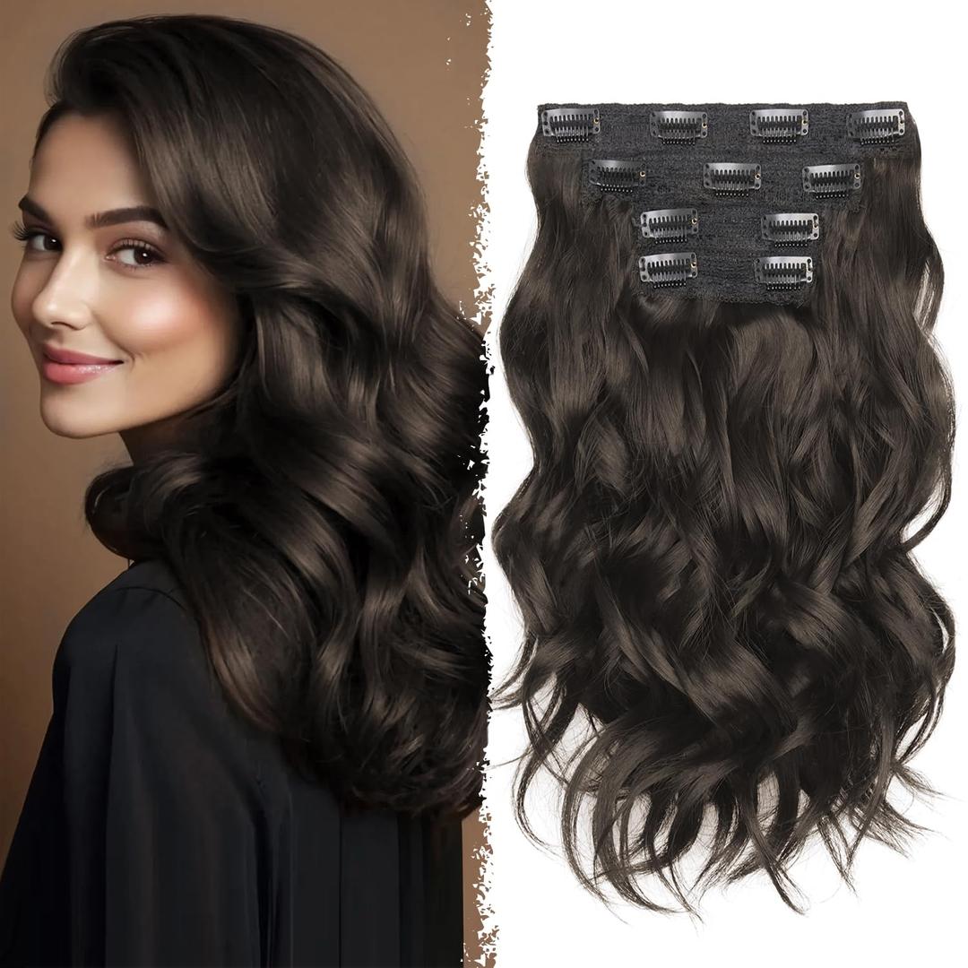 14 Inch Brown Hair Extensions - Wavy Synthetic Clip in Hair Extensions For Women And Girls (Color: Dark Brown)