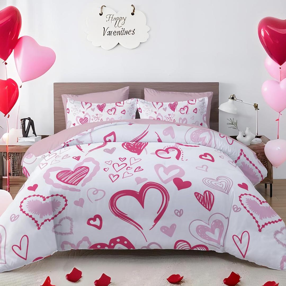Valentine's Day Red Duvet Cover Set Queen Size,3 Piece Microfiber Reversible Bedding Set,Includes 1 Duvet Cover 90"x90" with Zipper Closure & 2 Pillow Shams,Comforter Not Included (Pink Heart 1)